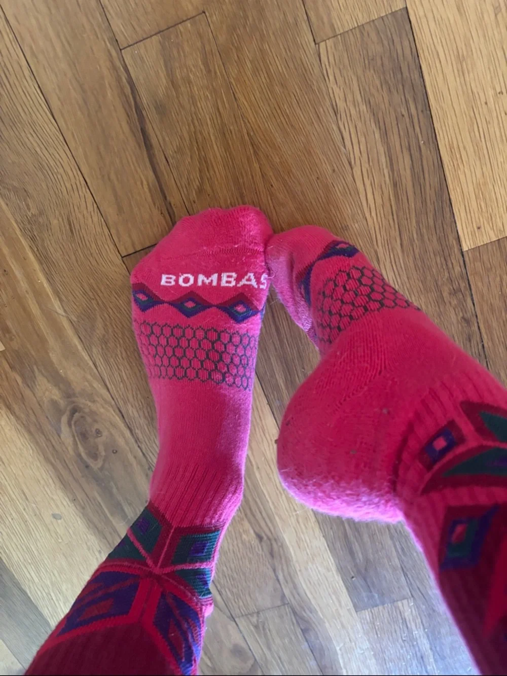 Bombas Red Athletic Cushioned Ankle Socks with Pattern